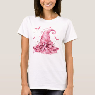 Pink Ribbon Witch Hat Breast Cancer Spooky Awarene T-Shirt