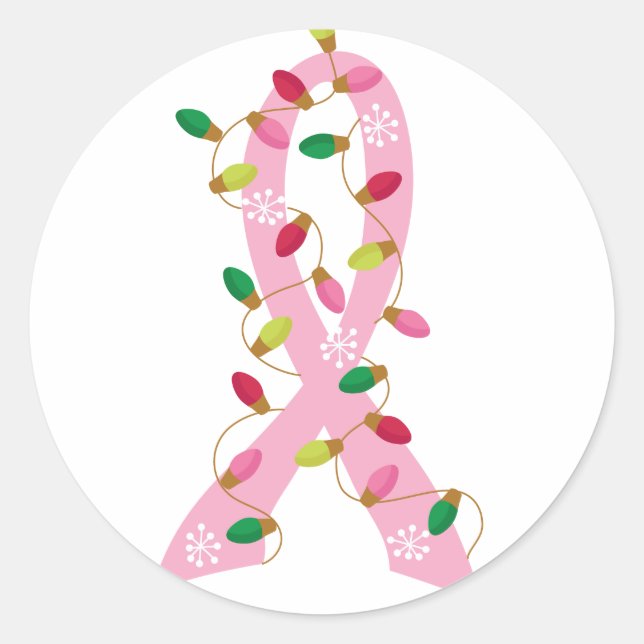Pink Ribbon With Christmas Lights Breast Cancer Classic Round Sticker (Front)