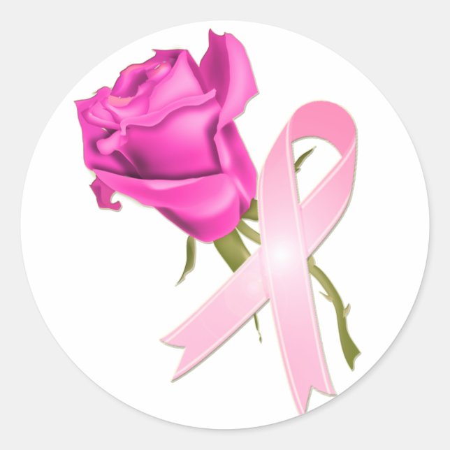 Pink Ribbon with Rose *Breast Cancer Awareness * Classic Round Sticker (Front)