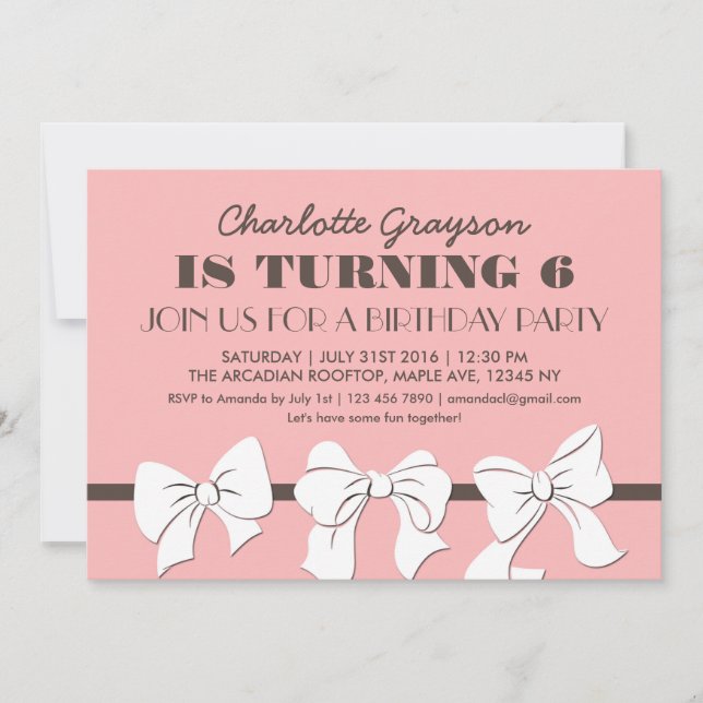 Pink Ribbons and Bows Birthday Party Invitation (Front)