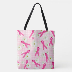 pink ribbons and white daisies tote bag
