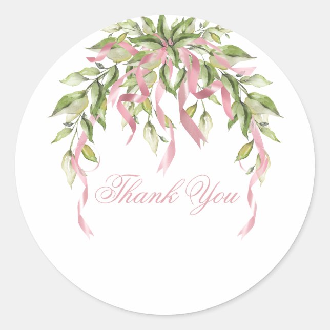 Pink Ribbons Floral Greenery Thank You Classic Round Sticker (Front)