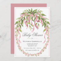 Pink Ribbons Floral Wreath Elegant Baby Shower Inv