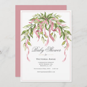 Pink Ribbons Greenery Elegant Baby Shower Invitati Invitation