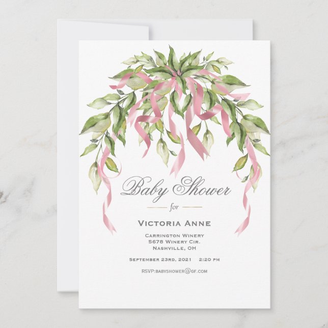 Pink Ribbons Greenery Elegant Baby Shower Invitation (Front)