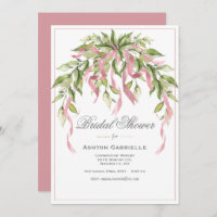 Pink Ribbons Greenery Elegant Bridal Shower Invit