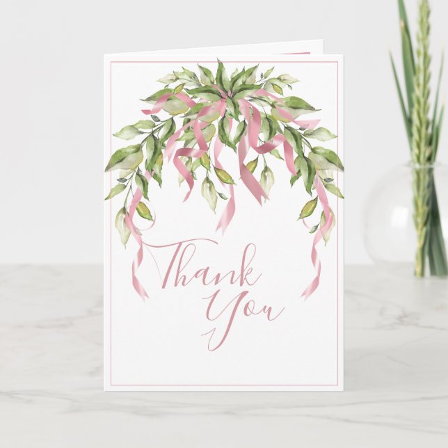 Pink Ribbons Greenery Elegant  Thank You Card (Front)