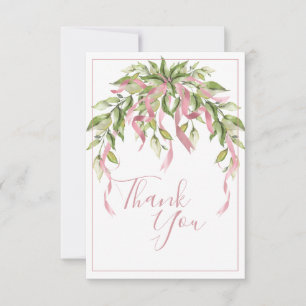 Pink Ribbons Greenery Elegant Thank You Card