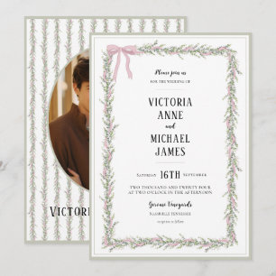 Pink Ribbons & Greenery Vintage Wedding Invitation