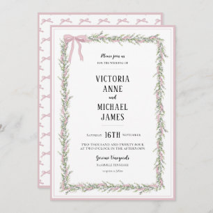 Pink Ribbons & Greenery Vintage Wedding Invitation