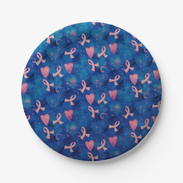 Pink Ribbons & Pink Hearts Paper Plates (Front)