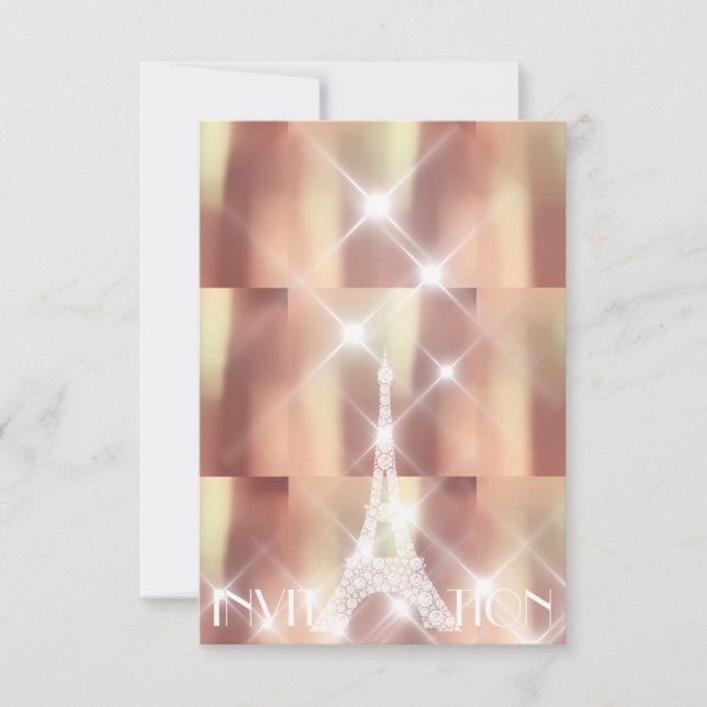 Pink Rise Eiffel Tower Paris Sparkly Stars Copper Invitation (Front)