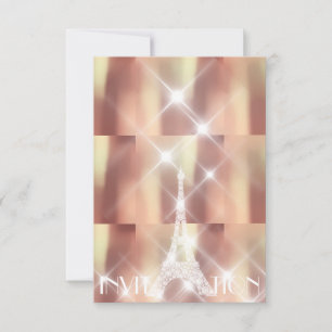 Pink Rise Eiffel Tower Paris Sparkly Stars Copper Invitation