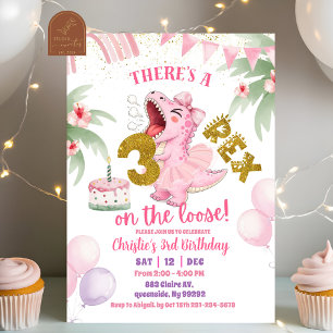 Pink Roaring Dinosaur 3-rex birthday Invitation
