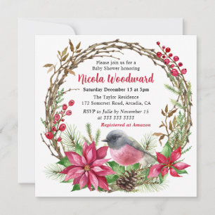 Pink Robin and Red Poinsettia Wreath Baby Shower Invitation