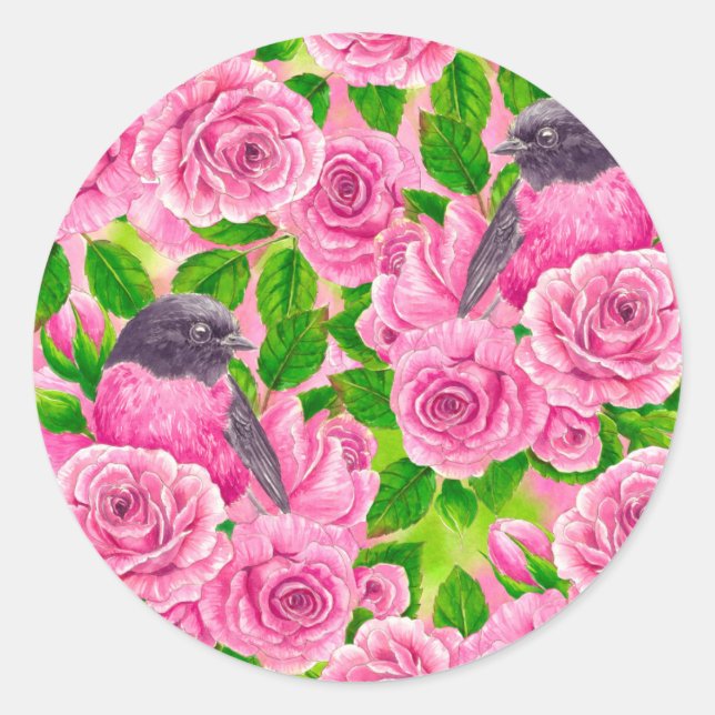 Pink Robin and roses Classic Round Sticker (Front)