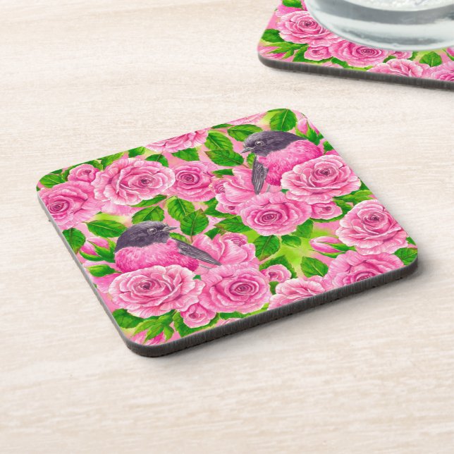 Pink Robin and roses Coaster (Left Side)