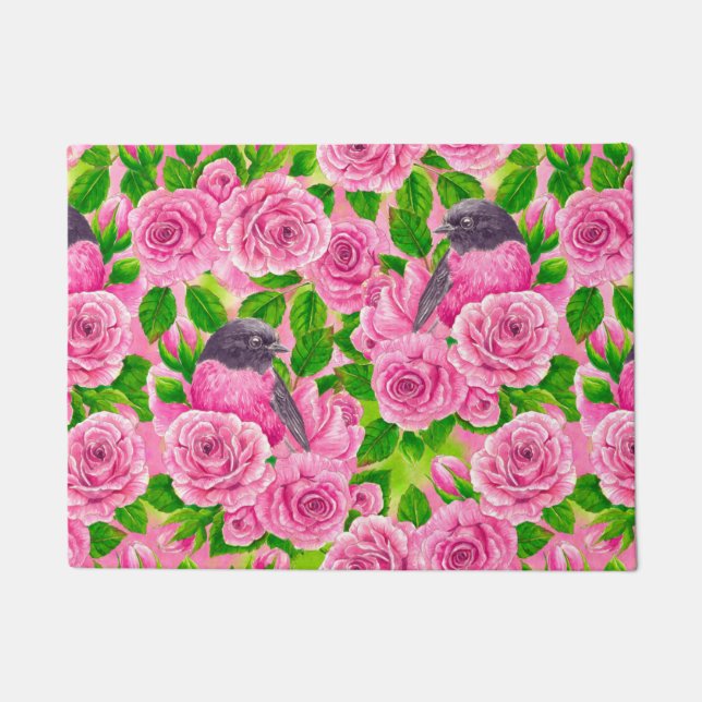 Pink Robin and roses Doormat (Front)