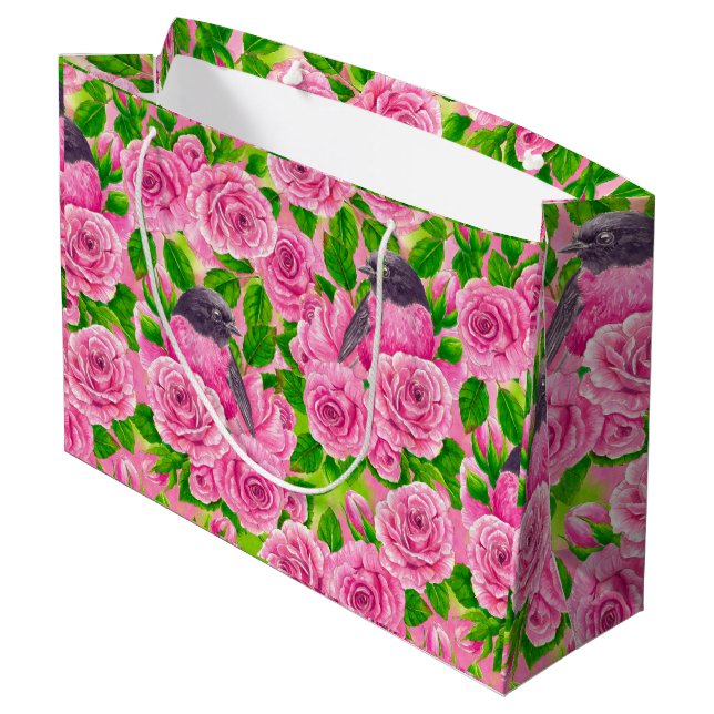 Pink Robin and roses Large Gift Bag (Back Angled)