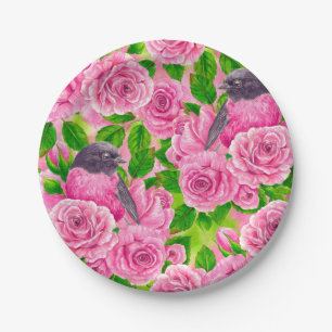 Pink Robin and roses Paper Plate