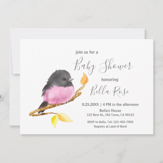 Pink Robin Bird Baby Shower Invitations (Front)