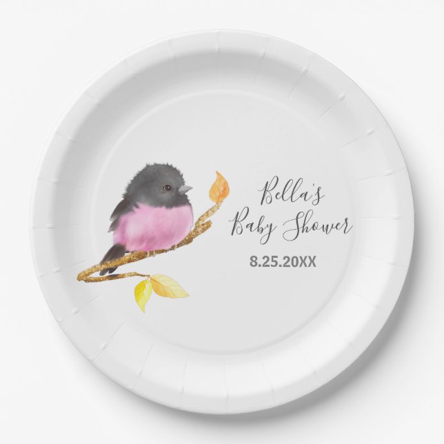 Pink Robin Bird Baby Shower Paper Plate (Front)