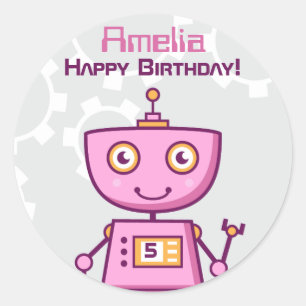 Pink Robot Girls Happy Birthday Classic Round Sticker
