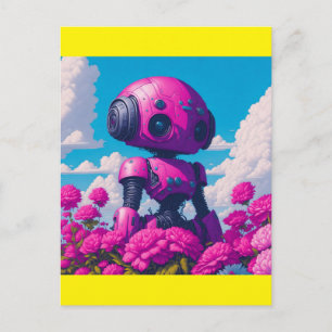 pink robot in pink flowers postcard