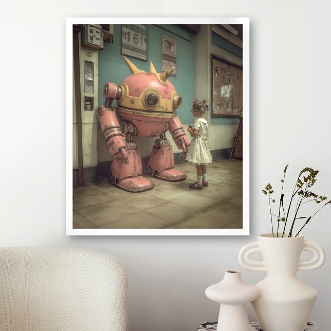 Pink robot young girl illustration vintage retro poster (Creator Uploaded)