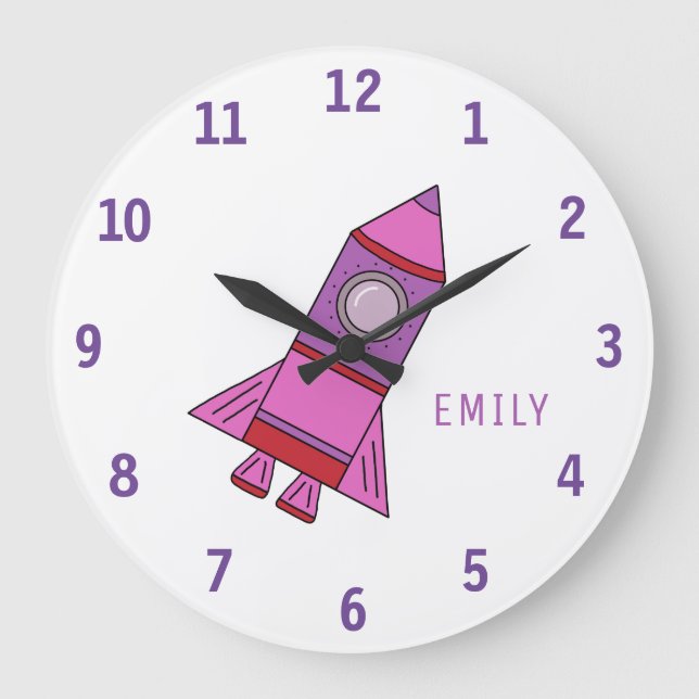 Pink Rocket Ship Girl Name Girly Space  Large Clock (Front)