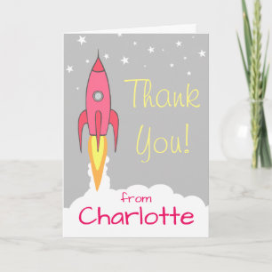 Pink Rocket Ship Kids Personalised Girl Thank You Card