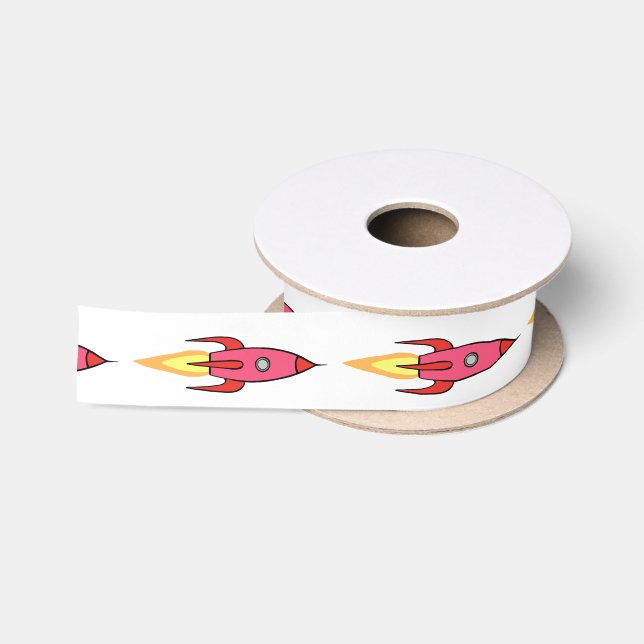 Pink Rocket Ship Outer Space Birthday Feminist Satin Ribbon (Spool)