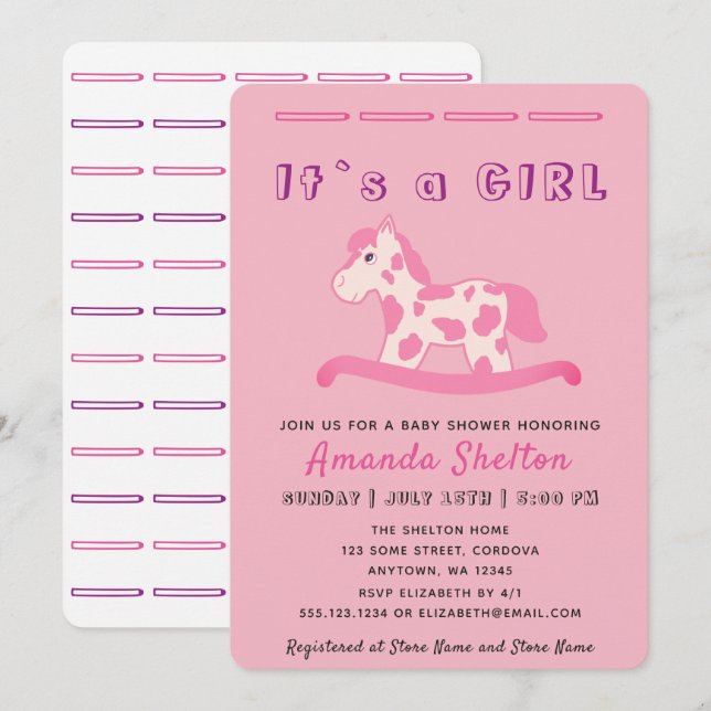 Pink Rocking Horse Baby Girl Shower Invitation (Front/Back)