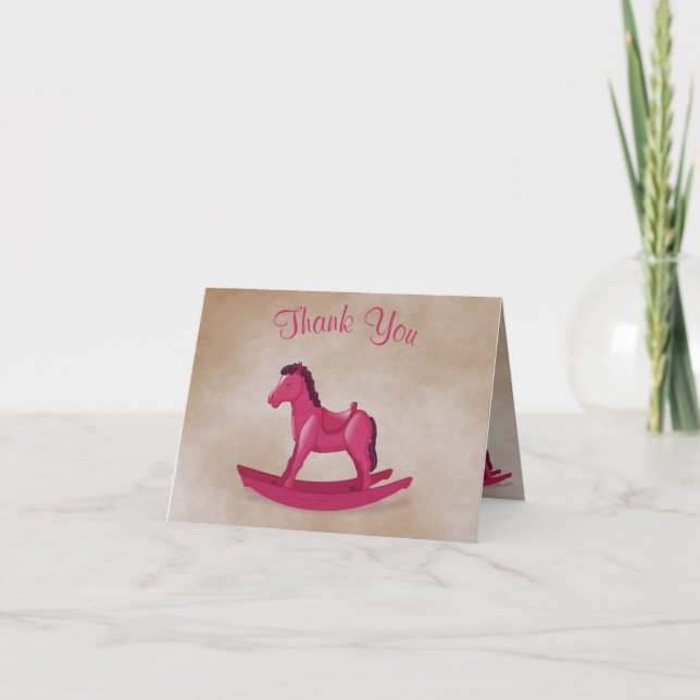 Pink Rocking Horse Baby Girl Thank You Card (Front)
