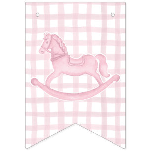 Pink Rocking Horse Gingham Girl Baby Banner