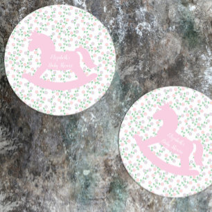 Pink Rocking Horse Girl Baby Shower Round Paper Coaster