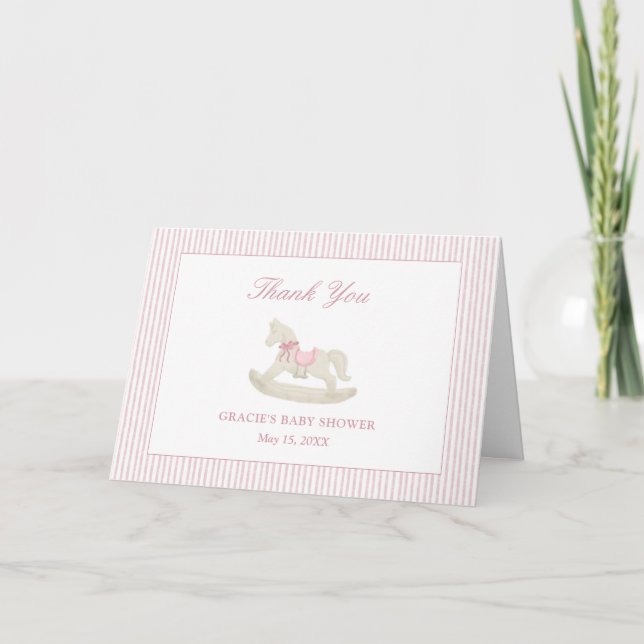Pink Rocking Horse Girl Baby Shower Thank You Card (Front)