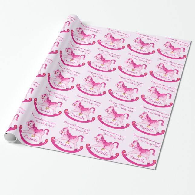 Pink rocking horse new baby girl name pattern wrap wrapping paper (Unrolled)