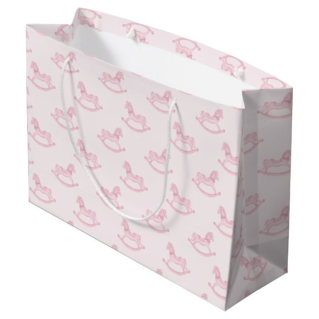Pink Rocking Horse Pattern Girl Baby Shower Large Gift Bag (Back Angled)