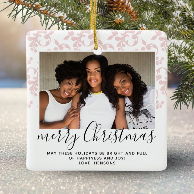 Pink Rococo Merry Christmas Script Photo Ceramic Ornament (Creator Uploaded)