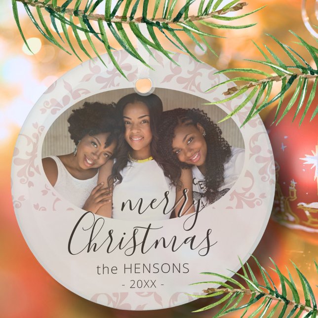 Pink Rococo Merry Christmas Script Photo  Glass Tree Decoration (Creator Uploaded)