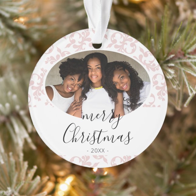 Pink Rococo Merry Christmas Script Photo Ornament (Tree)