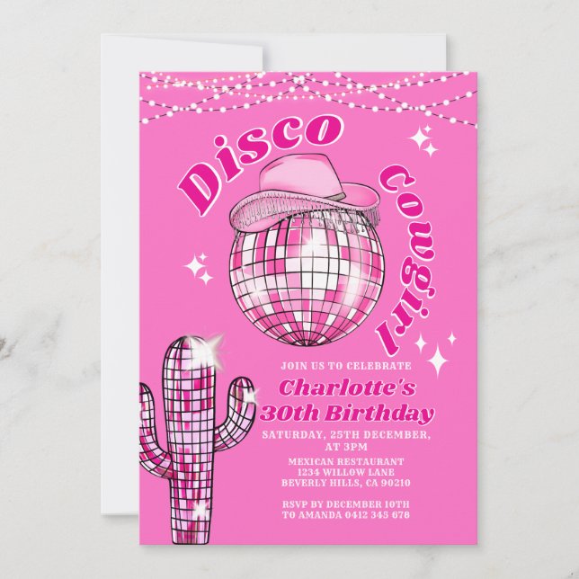 Pink Rodeo Disco Cowgirl Bling Cactus Birthday Invitation (Front)