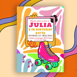 pink Roller Skating Birthday COLORFUL Retro Invitation