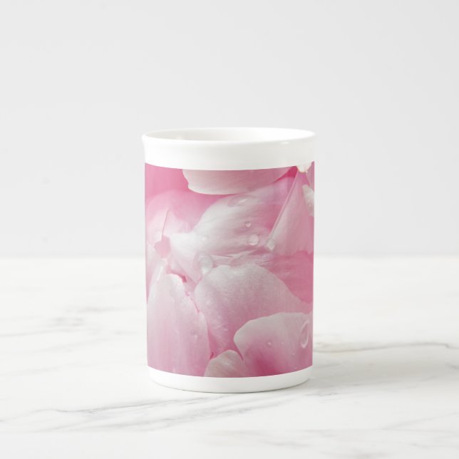 Pink romance blooming peony flower with dew drops bone china mug (Front)