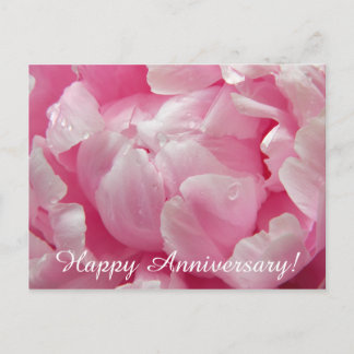Pink romance blooming peony flower with dew drops postcard