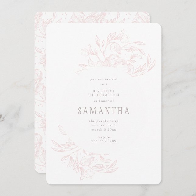 Pink Romantic Drawn Floral Birthday Invitation (Front/Back)
