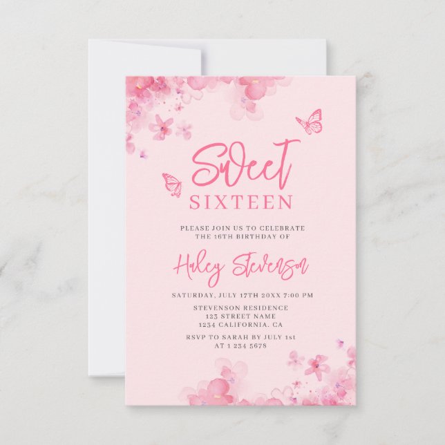 Pink Romantic floral watercolor Photo Sweet 16  Invitation (Front)