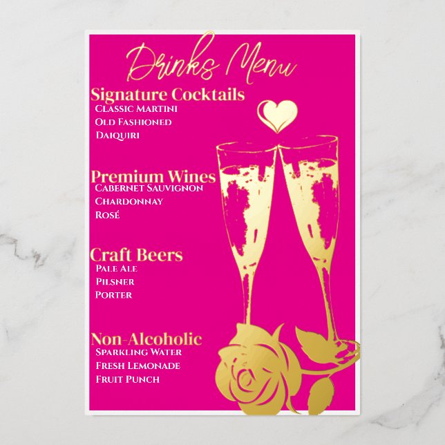 Pink Romantic Gold-Foiled Cocktail Party Bar Menu (Front)