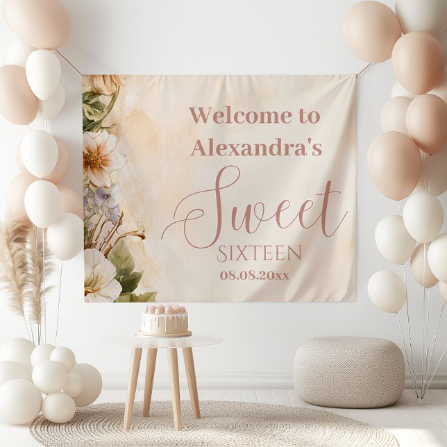 Pink Romantic Pastel Wildflowers Sweet 16 Banner (Creator Uploaded)
